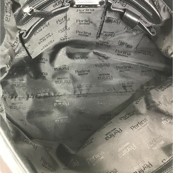 PERLINA NEW YORK Leather Tote Shoulder Bag Black Office Business Everyday Travel - Picture 10 of 11